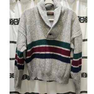 Vintage Eddie Bauer gray green blue red striped thick knit wool blend sweater XL